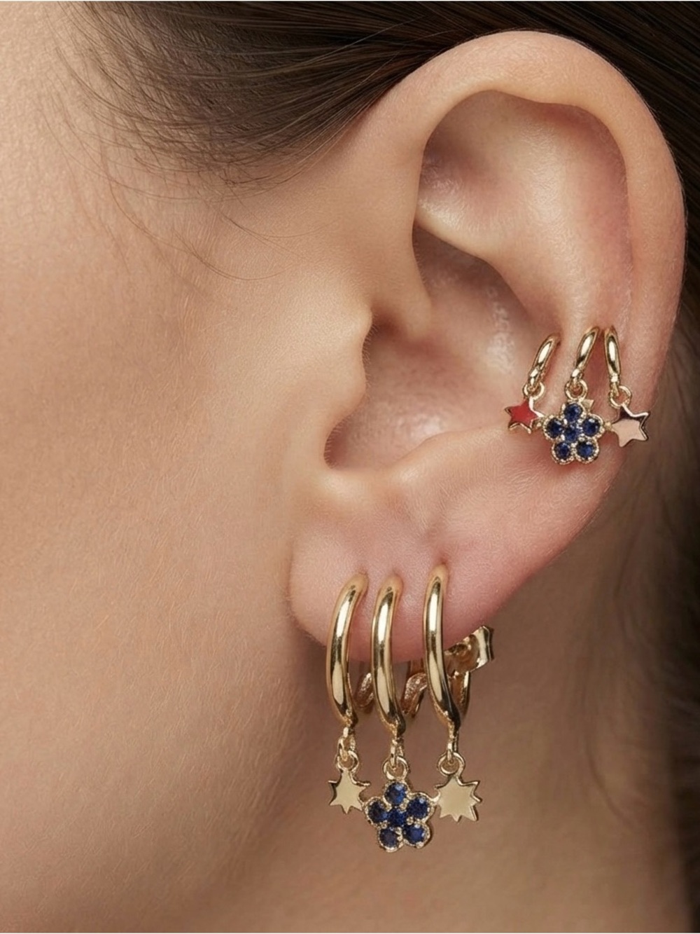 Gold like Floral Dangle huggy Earring posts with blue accent